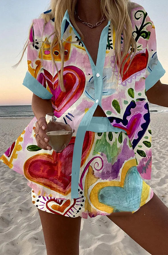 Fashion Print Beach Holiday 2-Piece Set Women Summer Short Sleeve Shirt Top + Wide Legs Short Women's Oversized Two-Piece Outfit