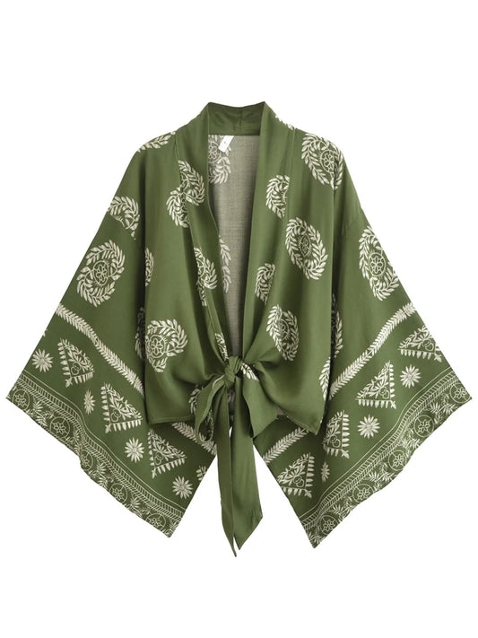 Vintage Women Fashion Boho Kimono Short Robe Swimsuits Floral Print Batwing Sleeves Bohemian Bikini Cover-Ups Beachwear - emogogo