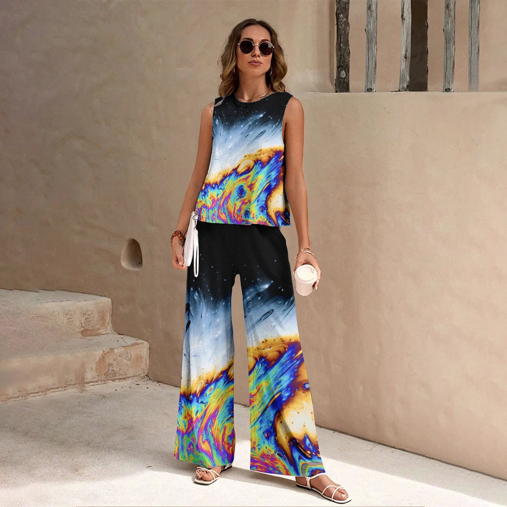 Harajuku Colorful Floral Pattern Print 2 Piece Womens Elegant O Neck Pullover And Straight Leg Pants Set Spring Summer Beach Set