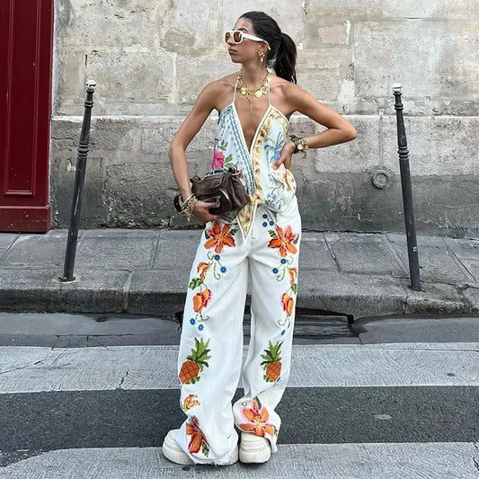 Women Holiday Casual Printed Two Piece Set Fashion Sleeveless Halter Tops And Wide Leg Pants Set Female Loose Street Outfits New