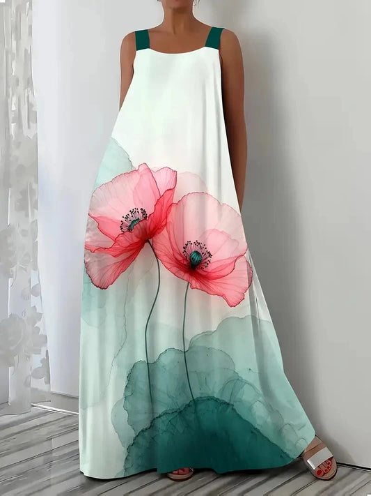 Plus Size Spring and Summer Hot Sale Casual Vacation Print Suspender Pocket Dress