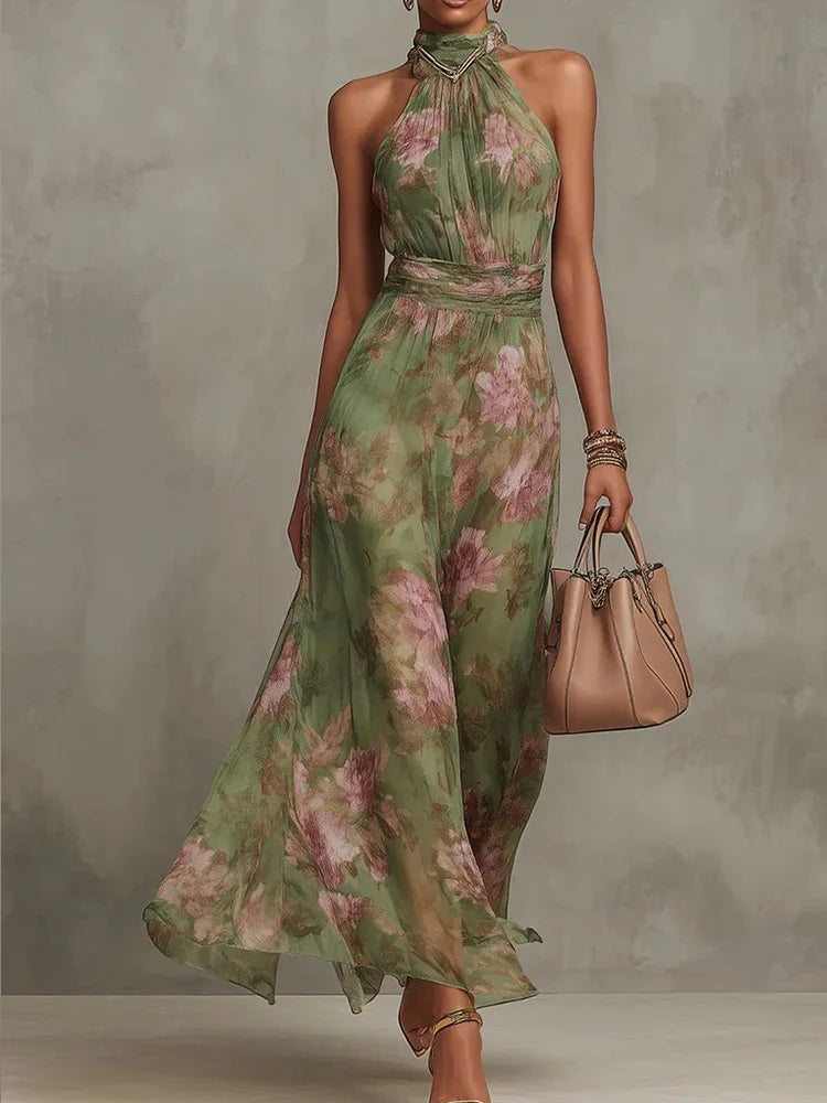 Fashion Sleeveless High Neck Ruched Waist Chiffon Flowy Evening Party Dress 2026 New Women Floral Print Halter Maxi Dress