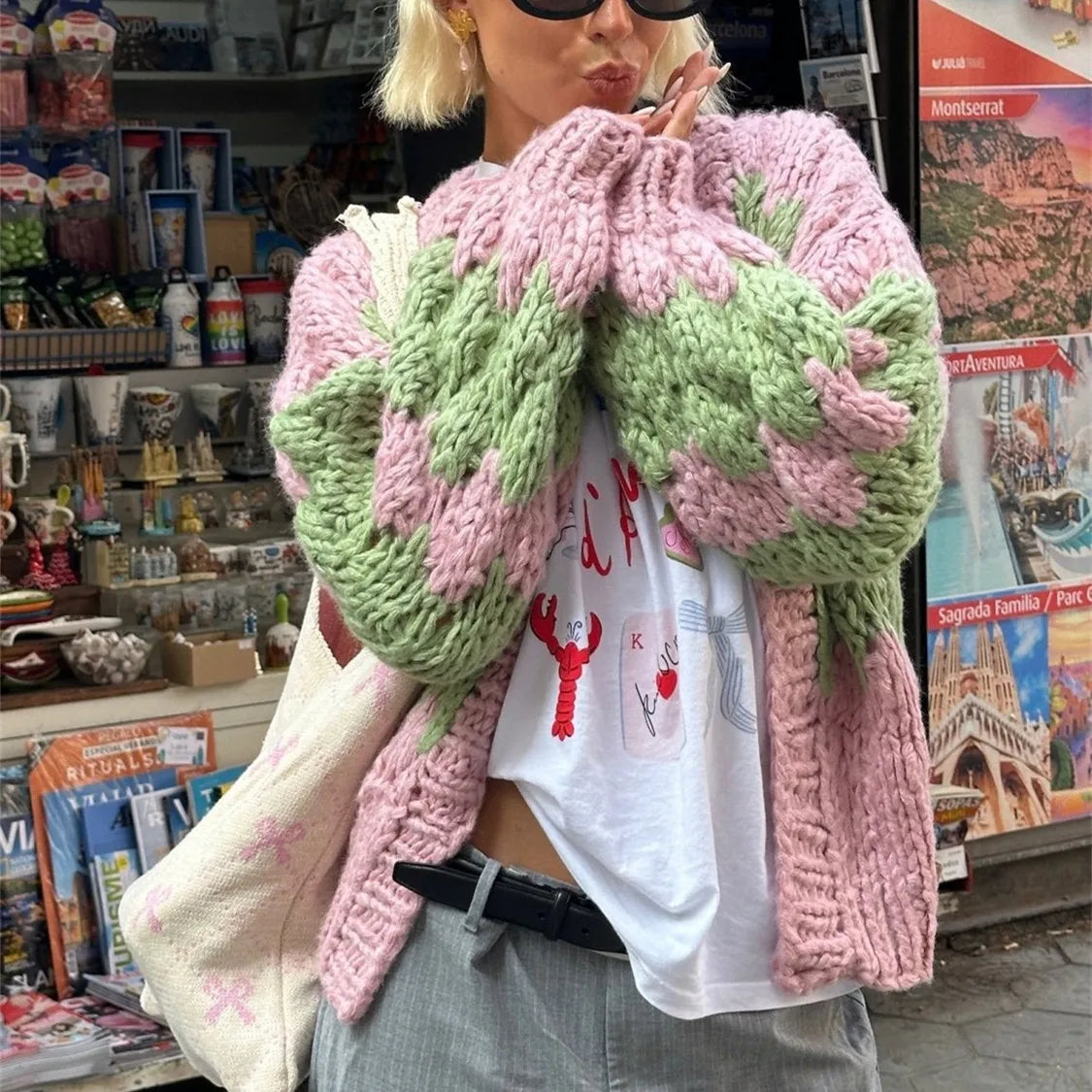 Vintage Lantern Sleeves Knitted Sweater Stripe Pattern Cropped Cardigans Aesthetic Y2k Knitwear Coat Women Autumn Outwear