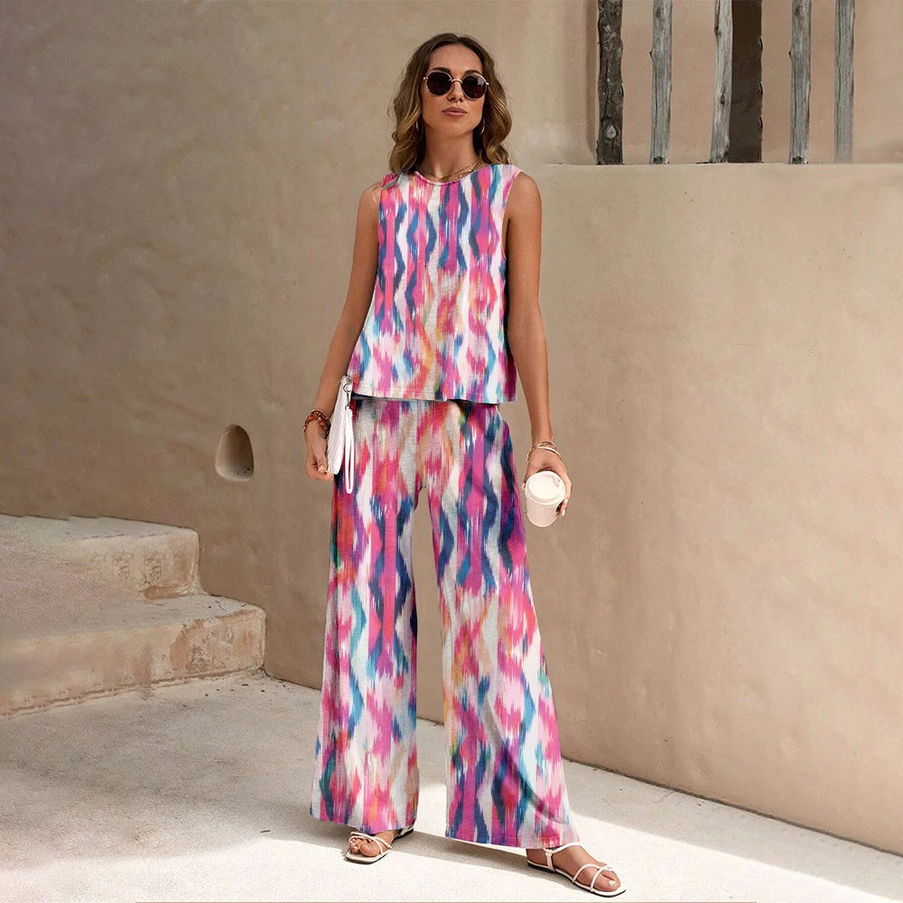 Harajuku Colorful Floral Pattern Print 2 Piece Womens Elegant O Neck Pullover And Straight Leg Pants Set Spring Summer Beach Set