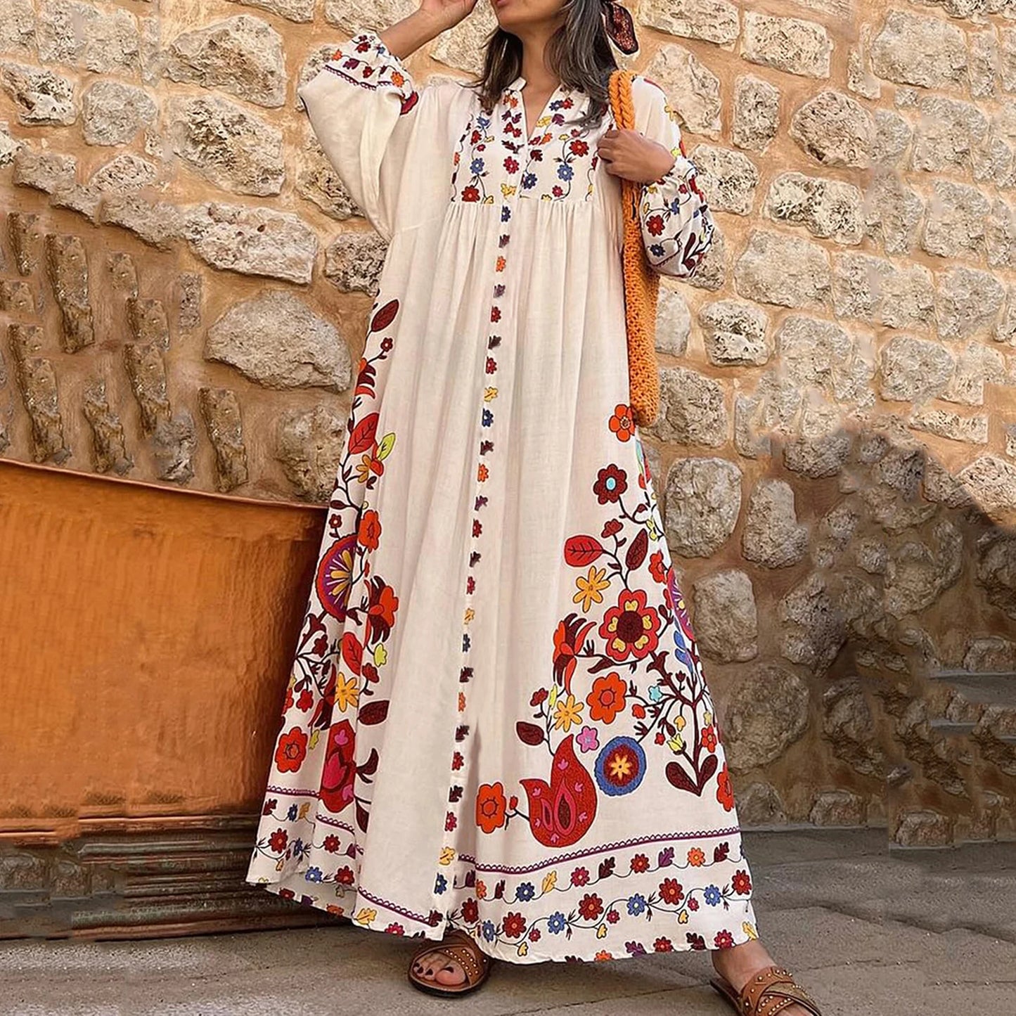 Summer V-neck Flower Print Loose Casual Fall Swing Dress Women Long Dress Long Sleeve Dress