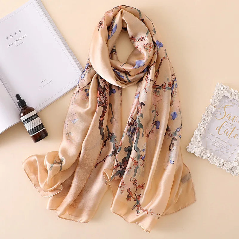 Green Peacock Feather Hijab Summer Beach Pareo Silk Scarf Women Luxury Bandana Soft Long Foulard Femme Designer Bufandas Mujer