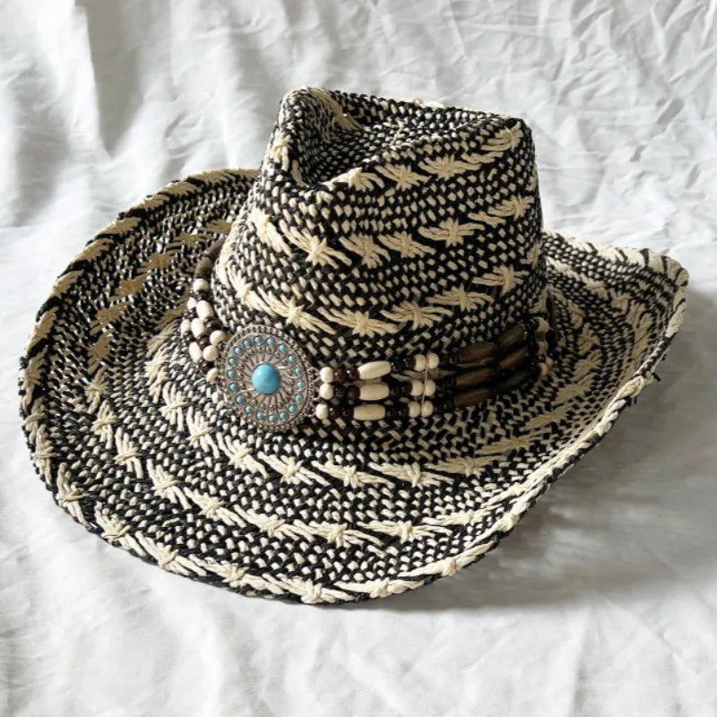 Handmade Color Matching Sun Hat Characteristic Ethnic Style Western Cowboy Straw Hat Black and White Two-color Woven Beach Hat