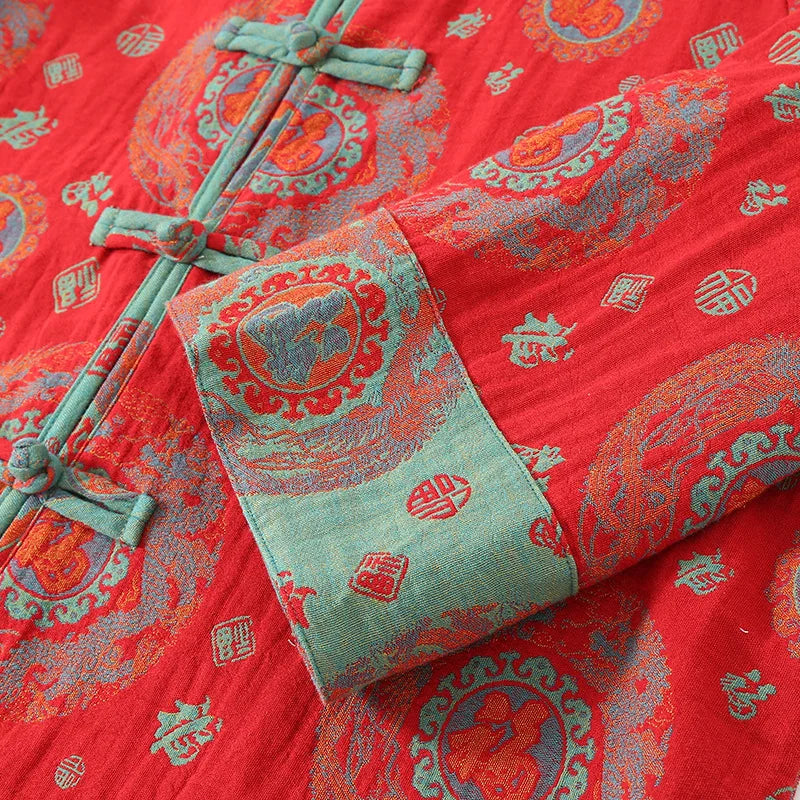 National Style Cotton Double-layer Gauze Women's Pajamas Set for New Year Red Plate Buckle Festival Style Home Clothes