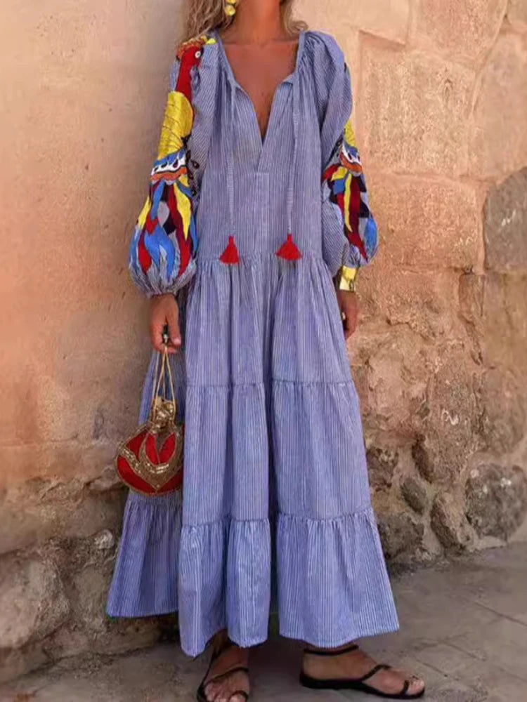 2024 Autumn Fashion New Women's Loose Long Sleeve Striped Splicing V-neck Lantern Sleeve Printed Loose Long Dress