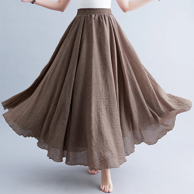 Boho Cotton Linen Beach Long Skirt Women Vintage Casual Solid A-line High Waist Dance Floor-Length Maxi Skirt Spring Summer New