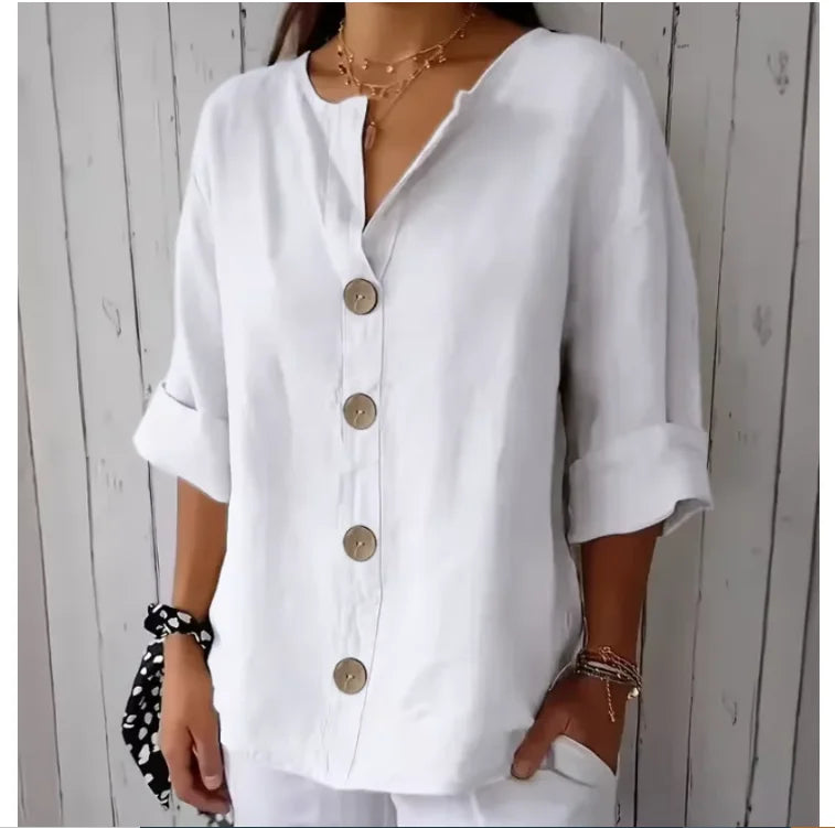 Summer Loose Shirt Women's V-Neck Button Top Casual Shirts Solid Fashion Elegant Office Women Clothing Blouse