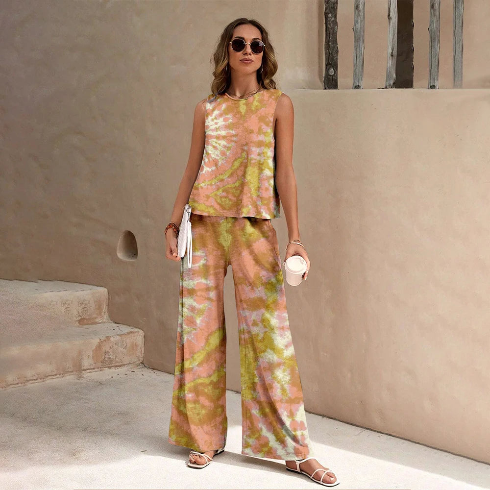 Harajuku Colorful Floral Pattern Print 2 Piece Womens Elegant O Neck Pullover And Straight Leg Pants Set Spring Summer Beach Set