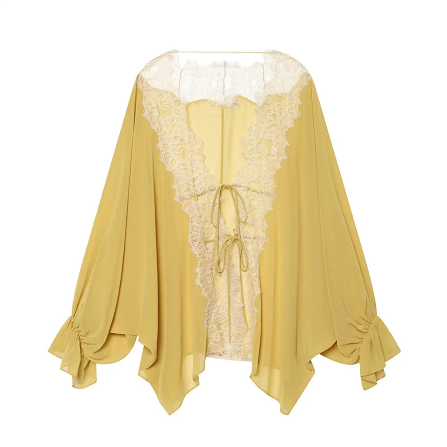 Women Lace Patchwork Lantern Long Sleeve Shirt Top Tie-up Loose Sheer Blouse Elegant Irregular High Street Fashion Lady