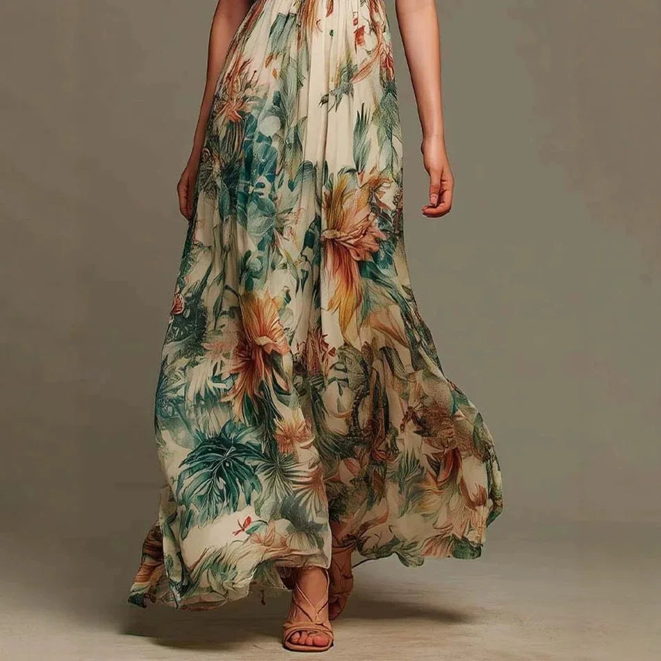 Floral Print Maxi Dress Sleeveless Ruffle Mock Neck Keyhole Front Smocked Waist Flowy Chiffon Bohemian Long Dress for Women