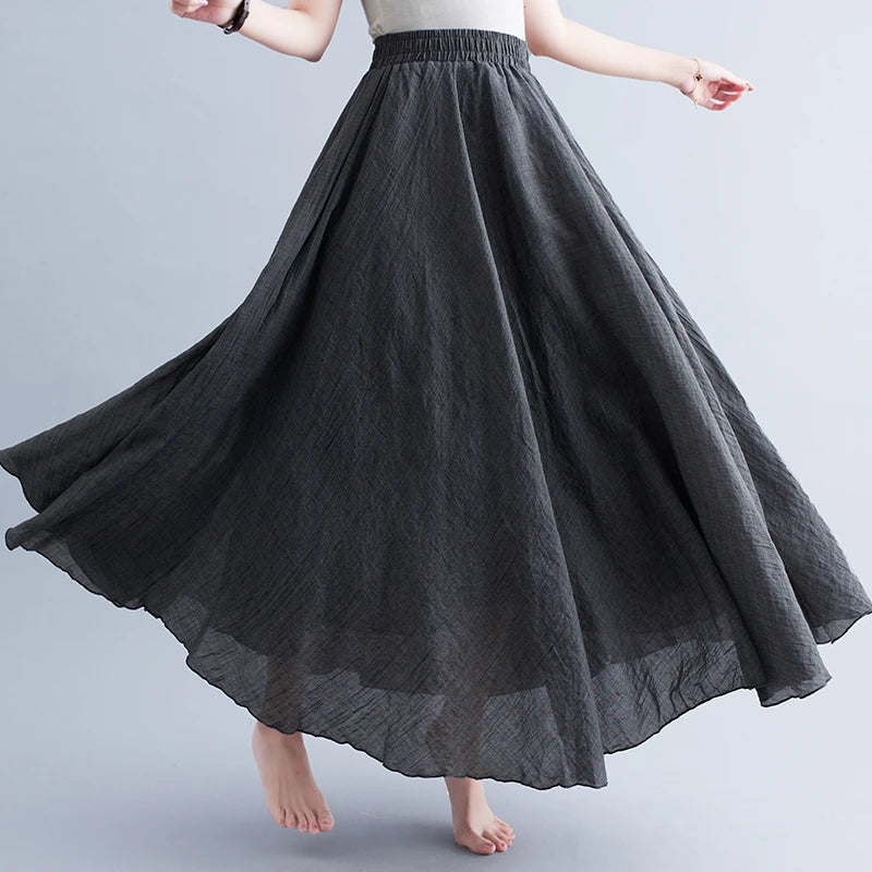 Boho Cotton Linen Beach Long Skirt Women Vintage Casual Solid A-line High Waist Dance Floor-Length Maxi Skirt Spring Summer New