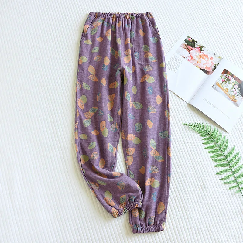New Spring Summer Women's Pajamas 100% Cotton Crepe Pants Women's Comfortable Loose Large Leaf Home Pants Thin Bottoms