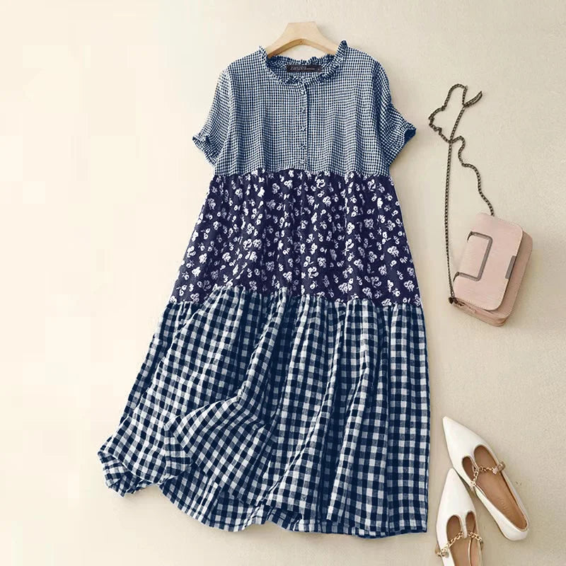 Women Plaid Long Dress 2024 Summer Holiday Pleating Stitching Shirt Dress Casual Loose Short Sleeve Robe Fashion Sundress