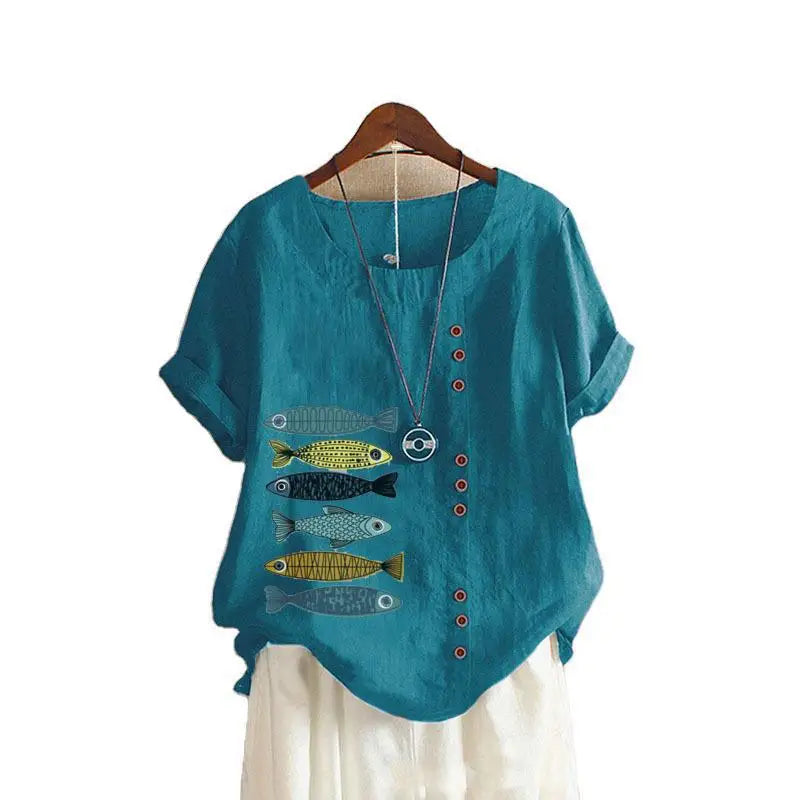 Women Cotton Linen Blouse Shirts Summer O-Neck Short Sleeve Vintage Floral Print Loose Tops WYLP-AL620409060860