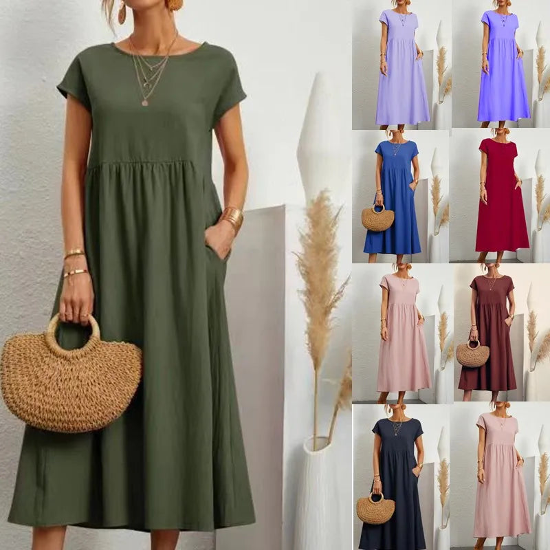 Women Vintage Solid Dress Summer Elegant O Neck Short Sleeve Cotton Linen Dresses Female Casual Loose Sundress Long Dress
