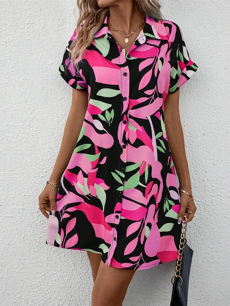 New Summer Everyday Casual Women's Short Sleeve Shirt Dress  Sweet Fashion Single-breasted Dress Floral Print Elegant Dress