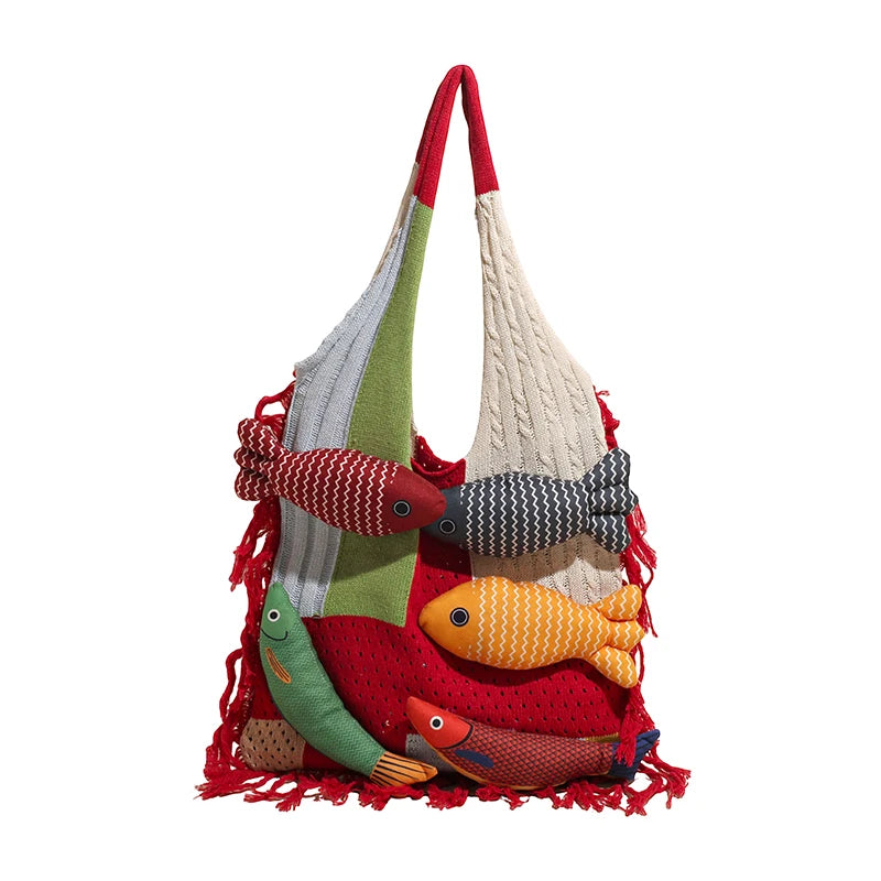 Cute Little Fish Relaxed Knitted Bag 2025 Summer New Commuter Versatile Shoulder Bag Contrasting Cut Out Tote Bag