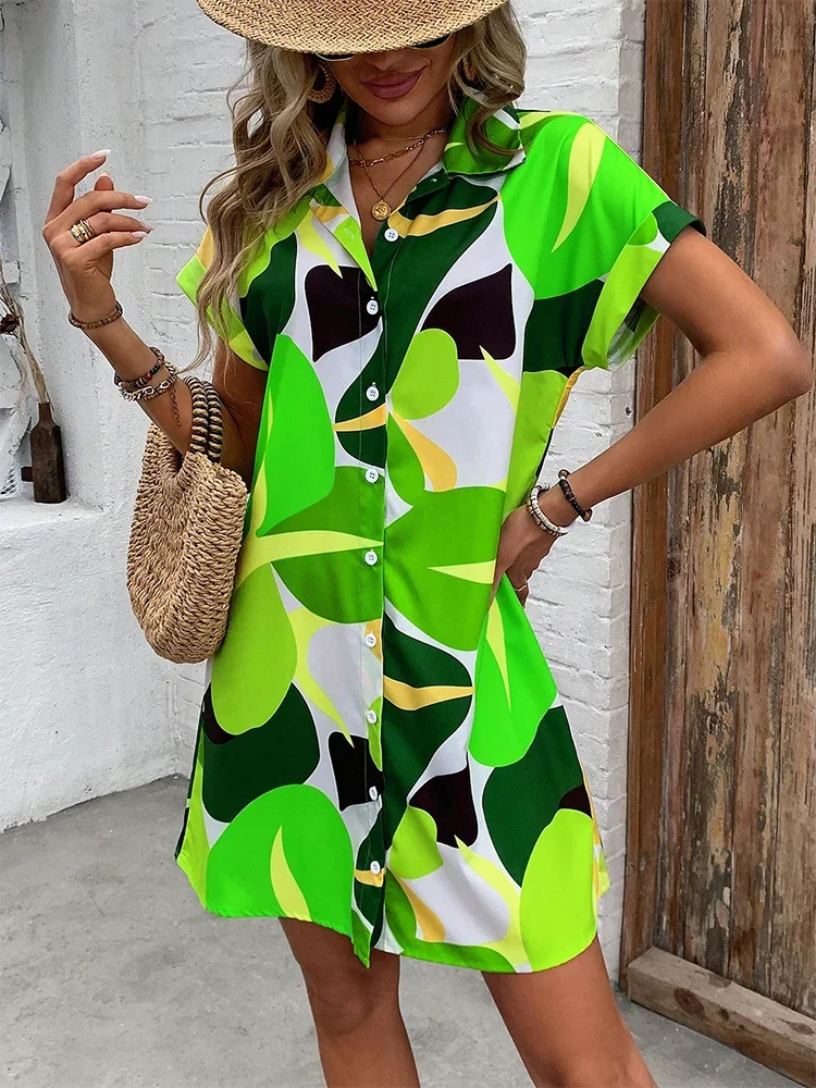 New Summer Everyday Casual Women's Short Sleeve Shirt Dress  Sweet Fashion Single-breasted Dress Floral Print Elegant Dress