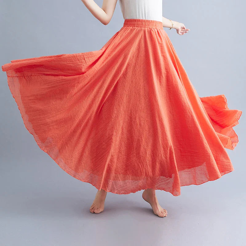 Boho Cotton Linen Beach Long Skirt Women Vintage Casual Solid A-line High Waist Dance Floor-Length Maxi Skirt Spring Summer New
