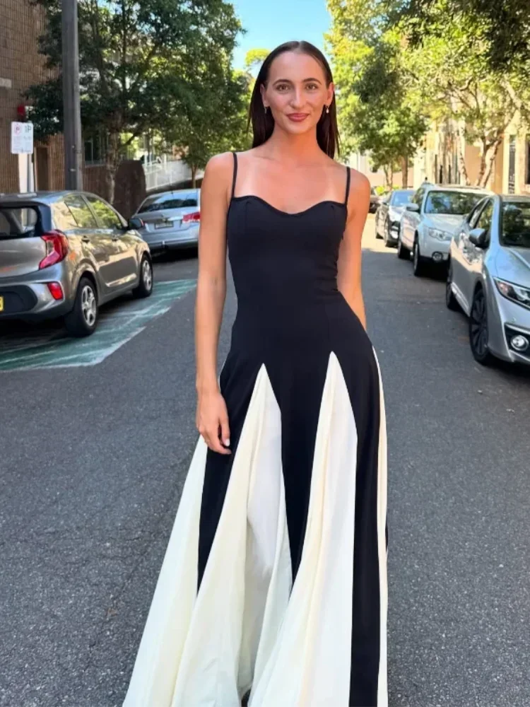 New Contrast Color A-line Women's Sling Dress Elegant Sleeveless Backless High Waist Long Robe Chic High Street Banquet Gowns