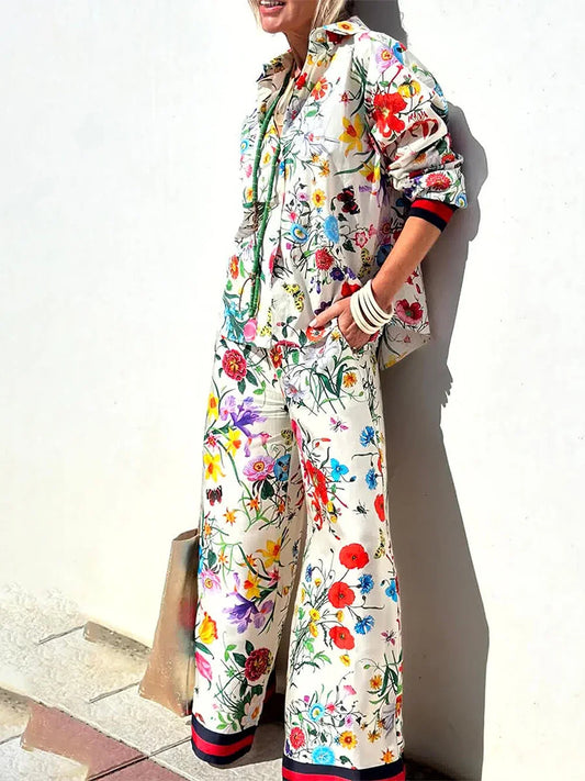 Women's Fall Casual Outfits Floral Print Long Sleeve Button Down Lapel Shirt with Elastic Waist Wide Leg Pants Sets Streetwear