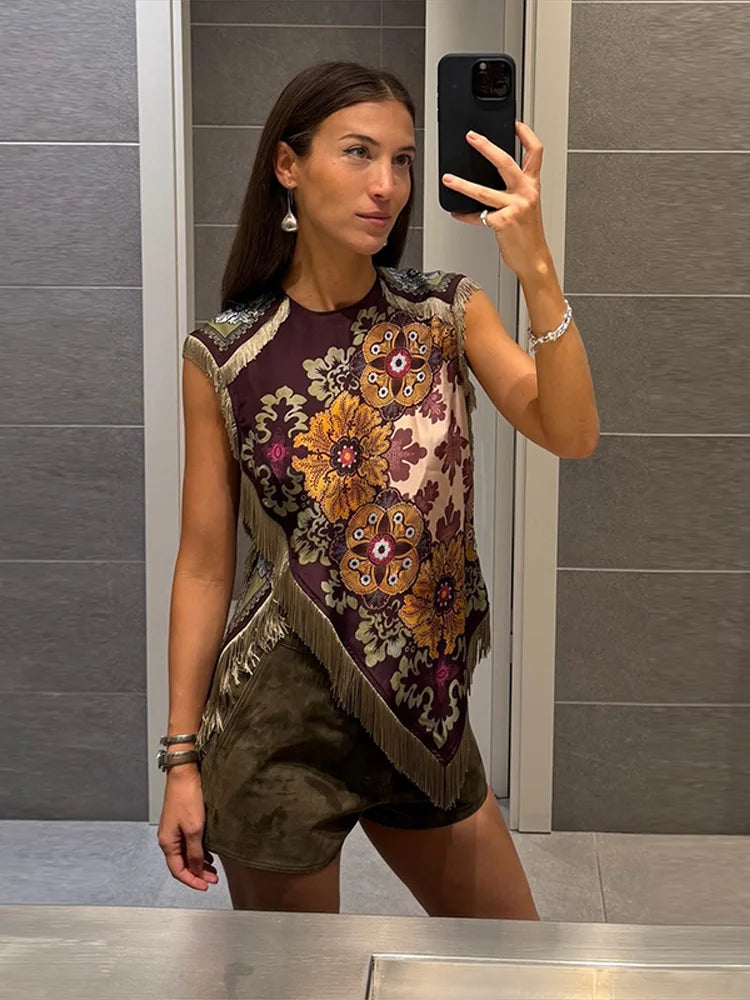 Fashion Floral Print Top With Fringe Trim For Women Vintage O-neck Sleeveless Asymmetric Hem Satin Blouse Lady 2026 Chic Tops