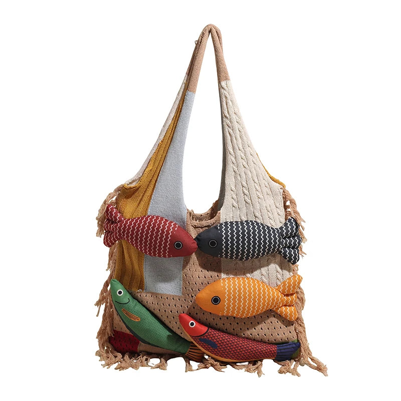 Cute Little Fish Relaxed Knitted Bag 2025 Summer New Commuter Versatile Shoulder Bag Contrasting Cut Out Tote Bag