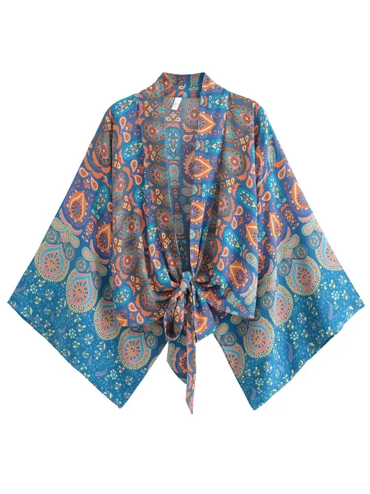 Vintage Boho Kimono Short Robe Women Fashion 2024 Floral Batwing Sleeves Rayon Bohemian Bikini Cover Up Beachwear