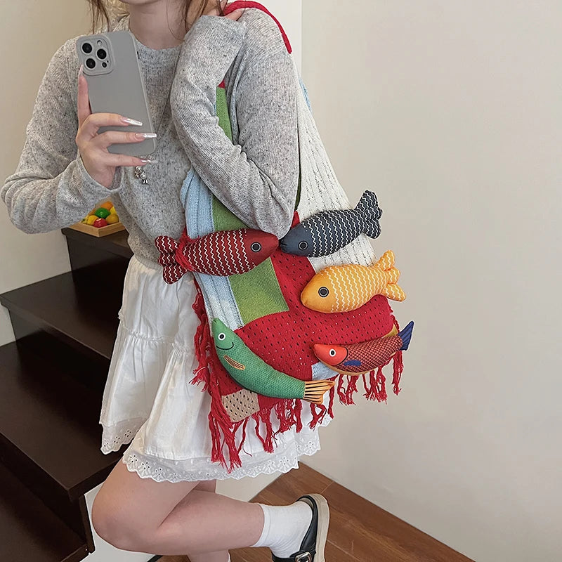 Cute Little Fish Relaxed Knitted Bag 2025 Summer New Commuter Versatile Shoulder Bag Contrasting Cut Out Tote Bag