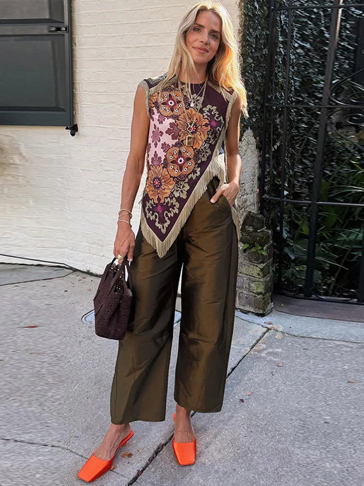 Fashion Floral Print Top With Fringe Trim For Women Vintage O-neck Sleeveless Asymmetric Hem Satin Blouse Lady 2026 Chic Tops