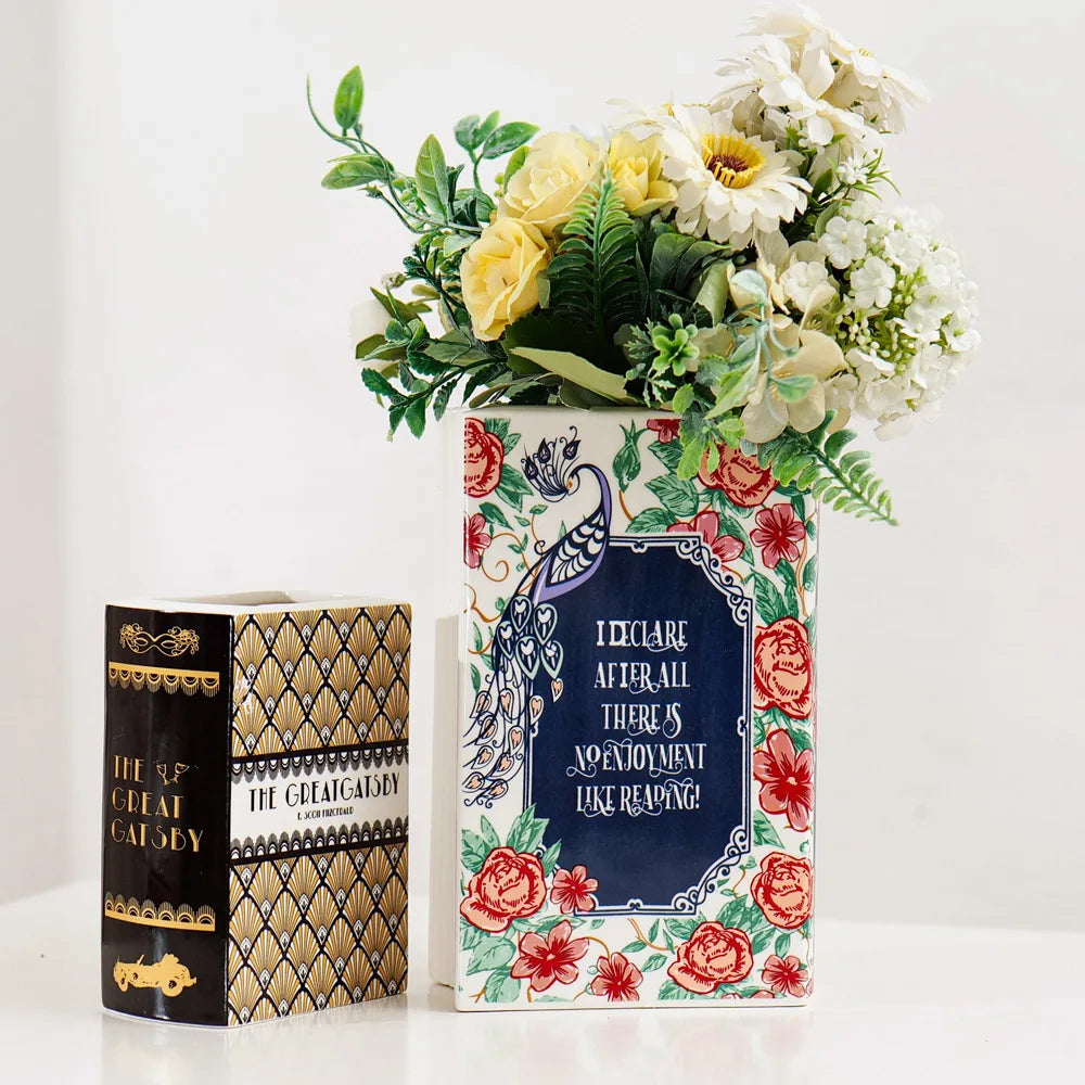 Square Book Ceramic Vase Creative Painted Vase Art Flower Arrangement Accessories Living Room Home Decoration Table Vase