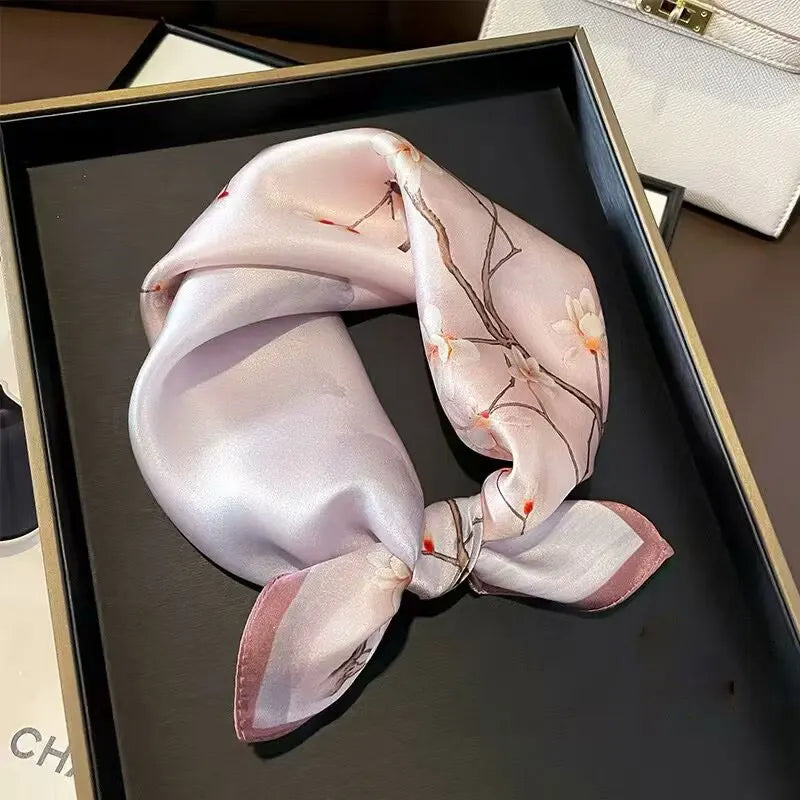 2025 New 100% Pure Silk Scarf Women Neck Hair Foulard Bandana Square Small Headband Hijab Print Poncho Scarves Pashmina