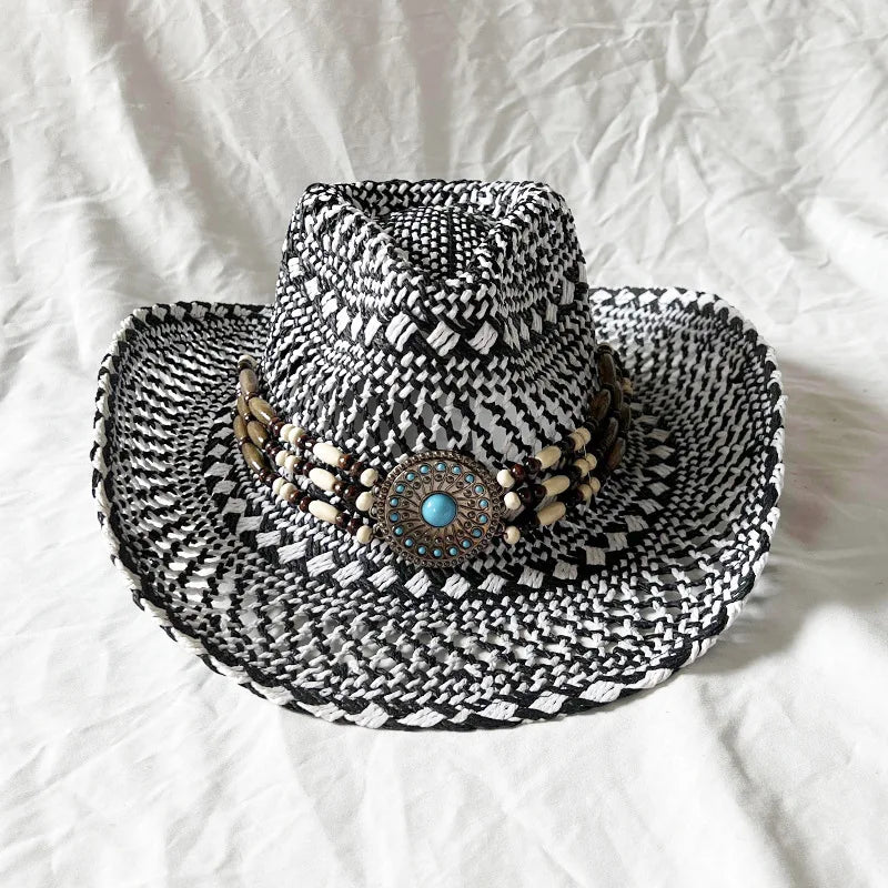 Handmade Color Matching Sun Hat Characteristic Ethnic Style Western Cowboy Straw Hat Black and White Two-color Woven Beach Hat