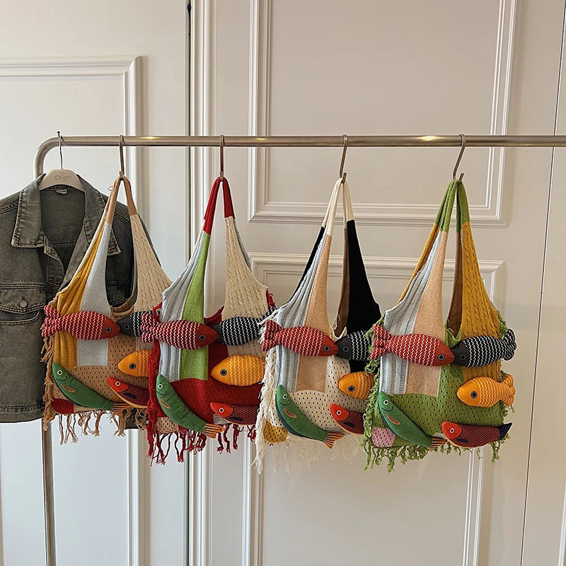 Cute Little Fish Relaxed Knitted Bag 2025 Summer New Commuter Versatile Shoulder Bag Contrasting Cut Out Tote Bag