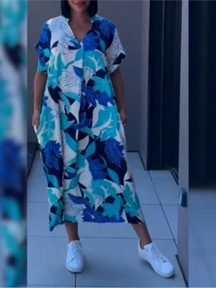 Women's Short-sleeve New V-neck Print Casual Dress Summer Fashion Elegant Office Party Holiday Women Clothes Dresses Robe Femme