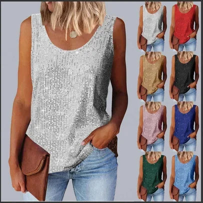 Women's Loose-Fit Round Neck Vest Polyester Fiber Metal Patch Decorative Women's Sweater
