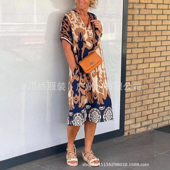 Women's Short-sleeve New V-neck Print Casual Dress Summer Fashion Elegant Office Party Holiday Women Clothes Dresses Robe Femme