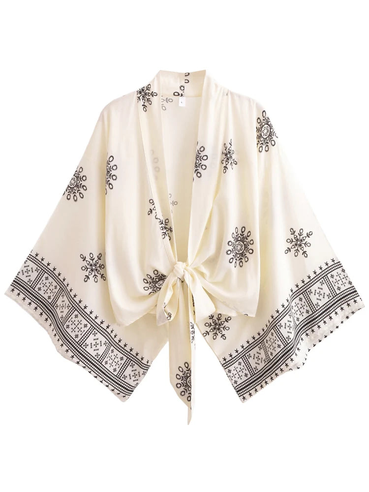 Vintage Women Fashion Boho Kimono Short Robe Swimsuits Floral Print Batwing Sleeves Bohemian Bikini Cover-Ups Beachwear - emogogo