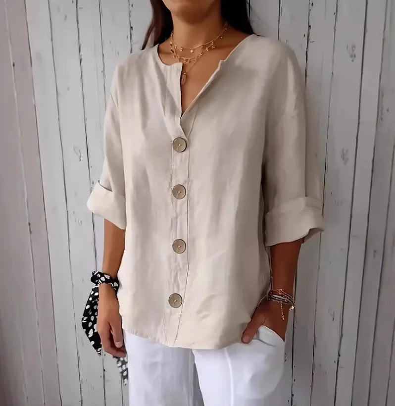 Summer Loose Shirt Women's V-Neck Button Top Casual Shirts Solid Fashion Elegant Office Women Clothing Blouse
