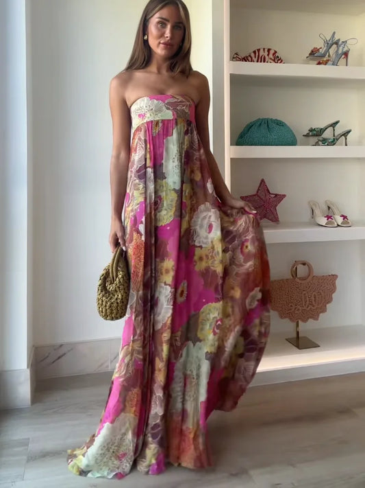 Casual Pleated Printed Strapless Maxi Dress Women Chic Sleeveless High Waist Loose Hem Long Dresses Summer New Lady Party Robes