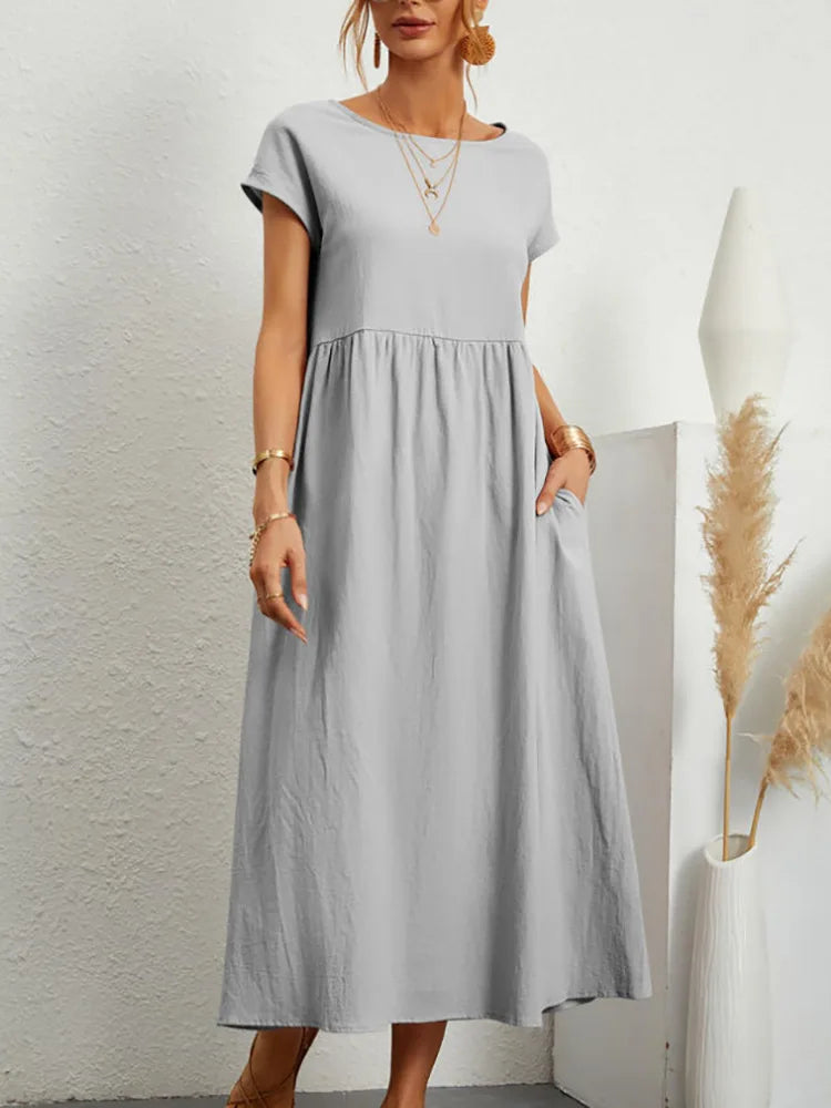Women Vintage Solid Dress Summer Elegant O Neck Short Sleeve Cotton Linen Dresses Female Casual Loose Sundress Long Dress