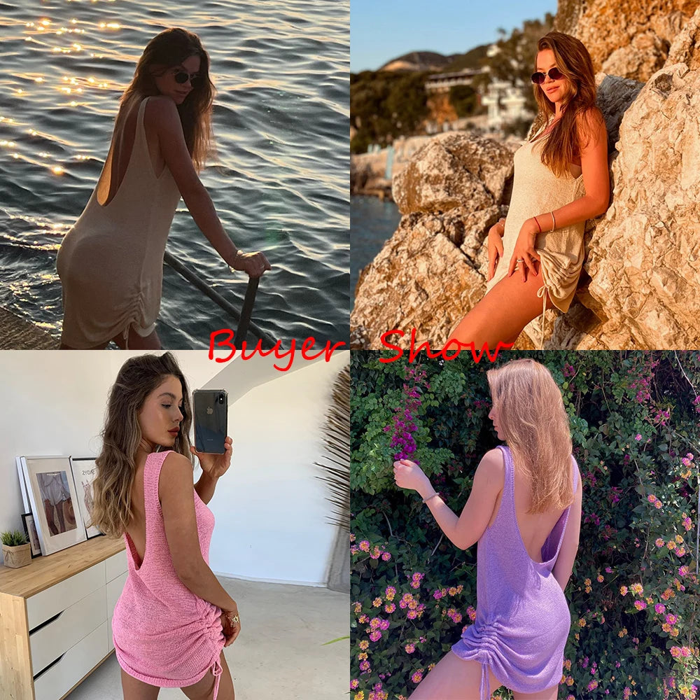 New White Crochet Tunic Sexy See Through Hollow Out Mesh Dress Women Sexy BeachWear Solid Bikini Beach Cover Up