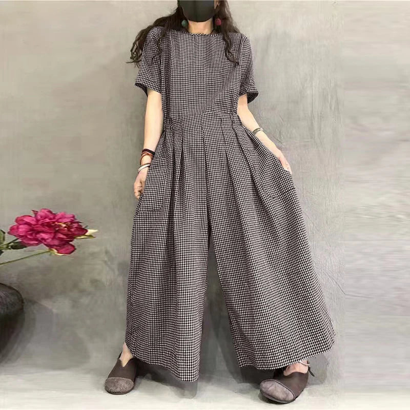 Short Sleeve Checked Wide Leg Overalls Pleated Waist O Neck Loose Casual Gingham Jumpsuits 2024 Fashion Women Long Romper - emogogo
