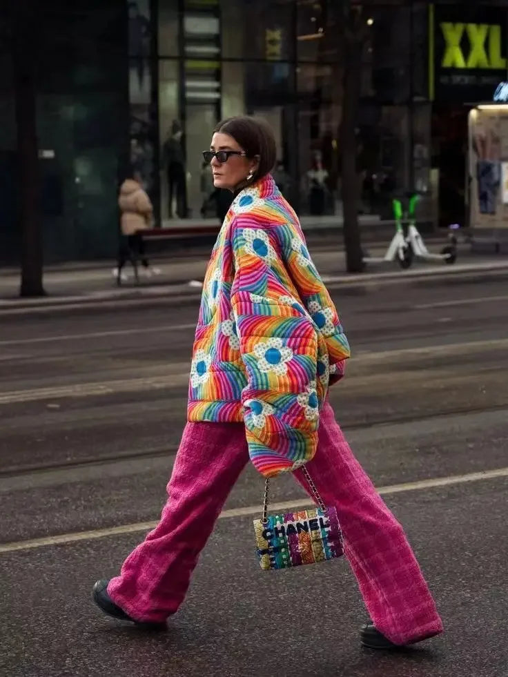 Fashionable Autumn/winter New Release Rainbow Flower Padded Jacket Cross-border Style Quilted Coats For Men Women - emogogo