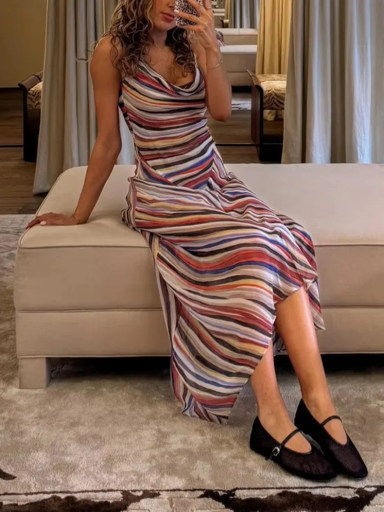 Women Sleeveless Stripe Maxi Dress Cowl Neck Multicolor Ruched Bodycon High Slit Chiffon Vestido Sexy Evening Party Summer Gown