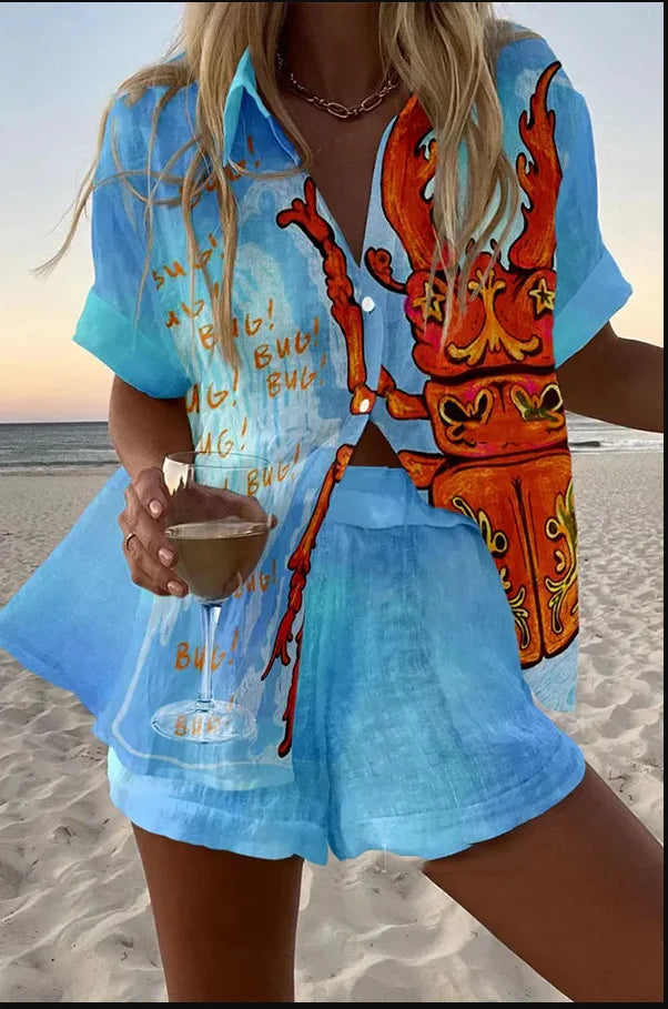 Fashion Print Beach Holiday 2-Piece Set Women Summer Short Sleeve Shirt Top + Wide Legs Short Women's Oversized Two-Piece Outfit